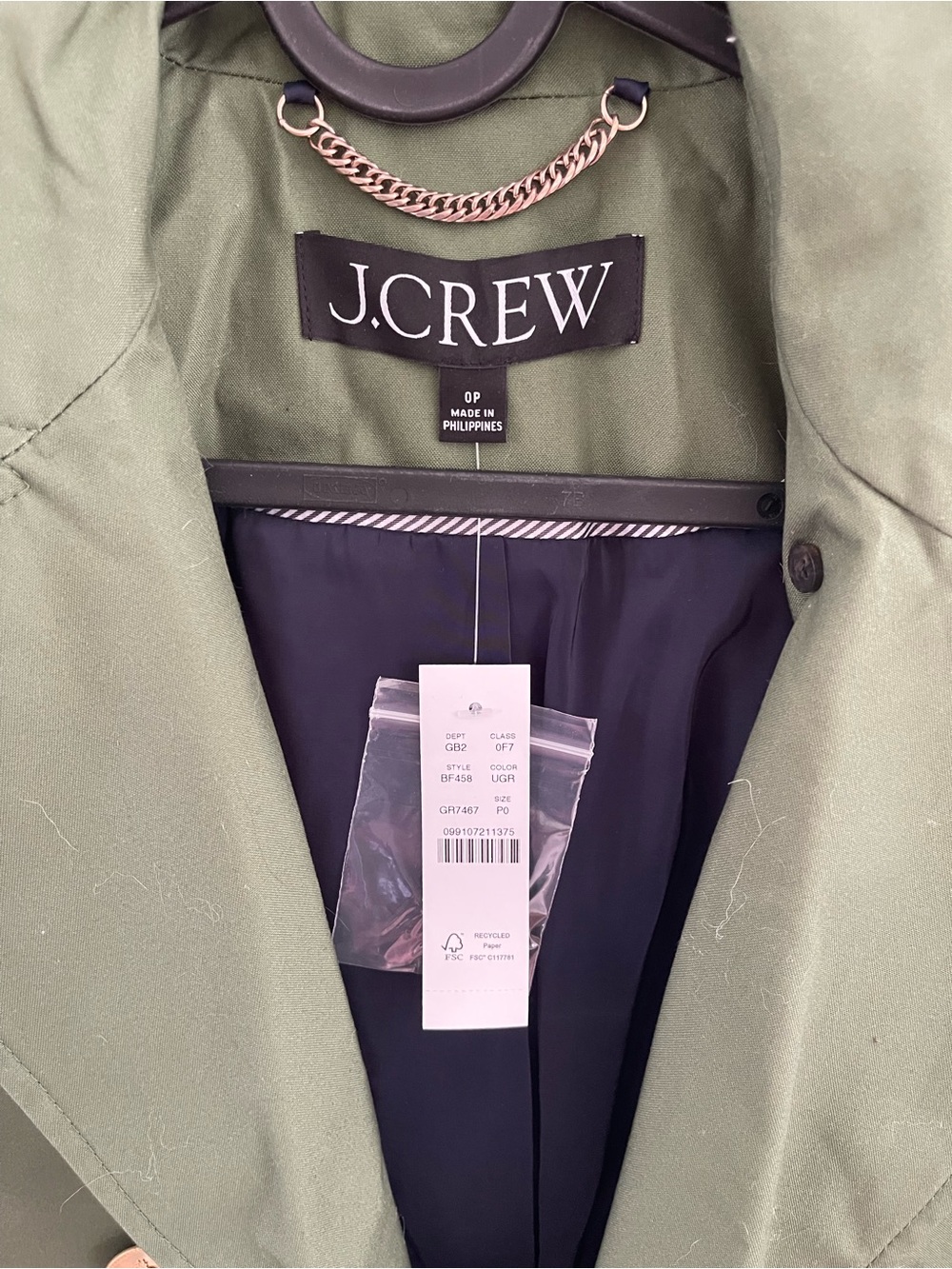 J. Crew Olive Green Trench Coat with Gold Chain Detail - Picture 5 of 6